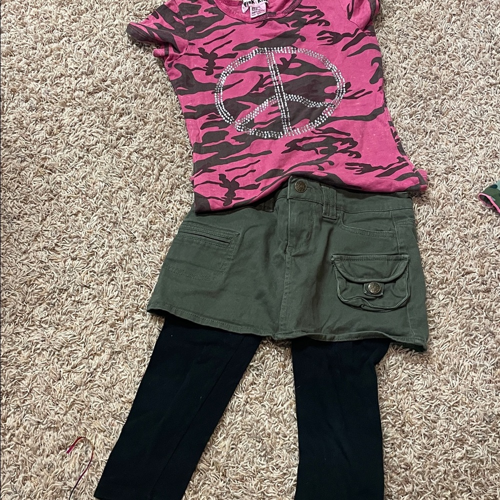 Pink Camo Peace Sign Top with Green Skirt and Black Leggings